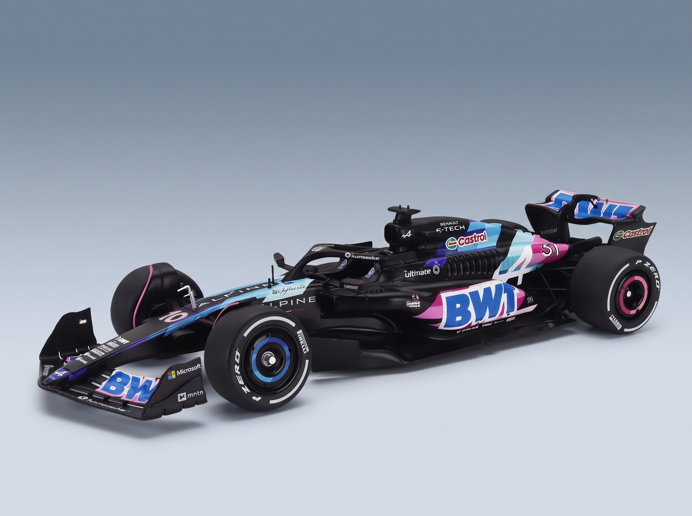 Alpine F1 A524 BWT Alpine F1 Team No. 31 No. 10 Esteban Ocon Pierre Gasly Presentation Season 2024 Solido 1:18 scale model - front three-quarter view