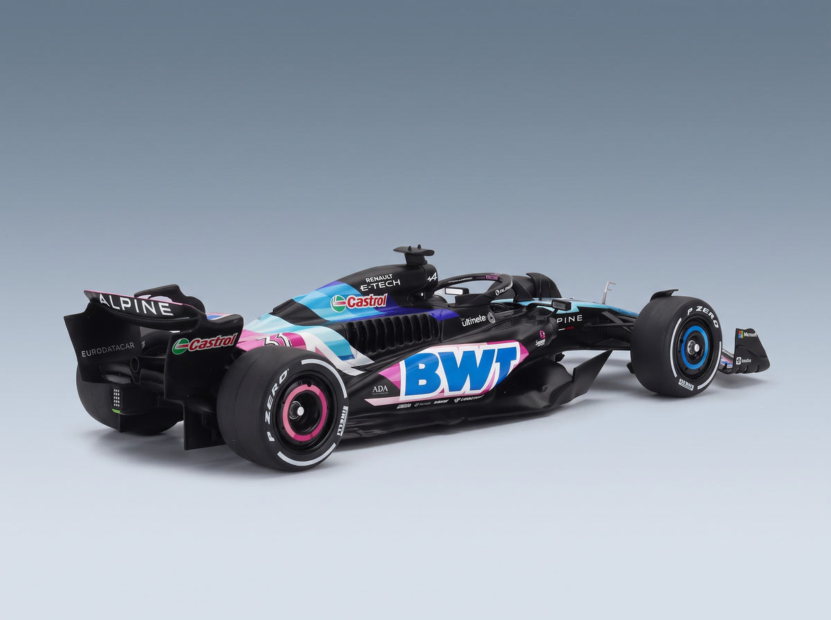 Alpine F1 A524 BWT Alpine F1 Team No. 31 No. 10 Esteban Ocon Pierre Gasly Presentation Season 2024 Solido 1:18 scale model - rear three-quarter view