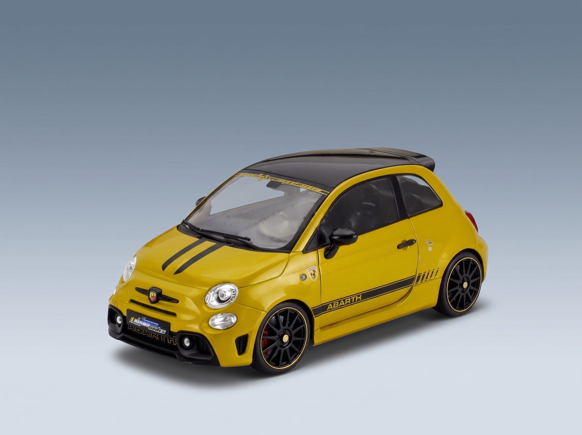 Fiat Nuova 500 Abarth 595 2023 Yellow Metallic Black Solido 1:18 scale model - front three-quarter view