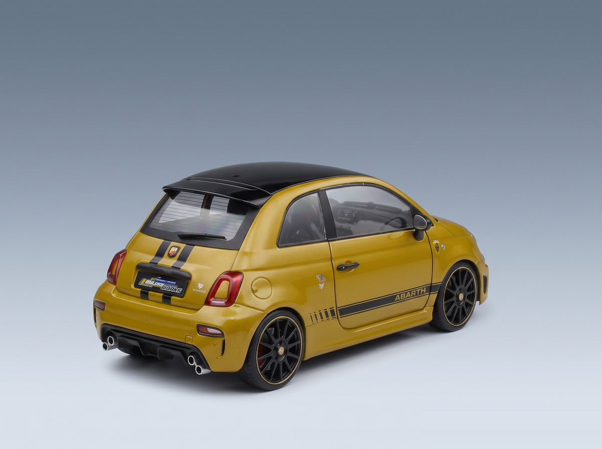 Fiat Nuova 500 Abarth 595 2023 Yellow Metallic Black Solido 1:18 scale model - rear three-quarter view