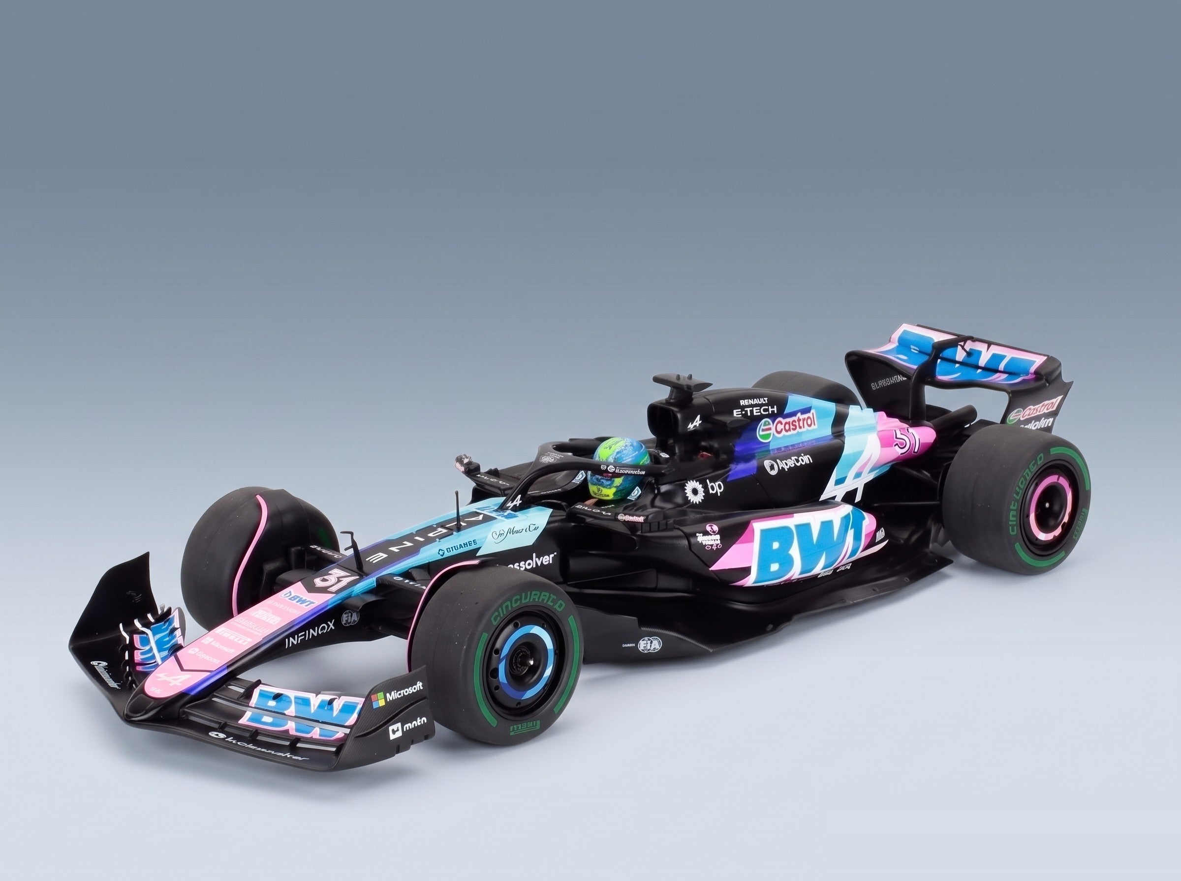 Alpine F1 A524 BWT Alpine F1 Team No. 31 Esteban Ocon Brazilian GP 2024 Solido 1:18 scale model - front three-quarter view
