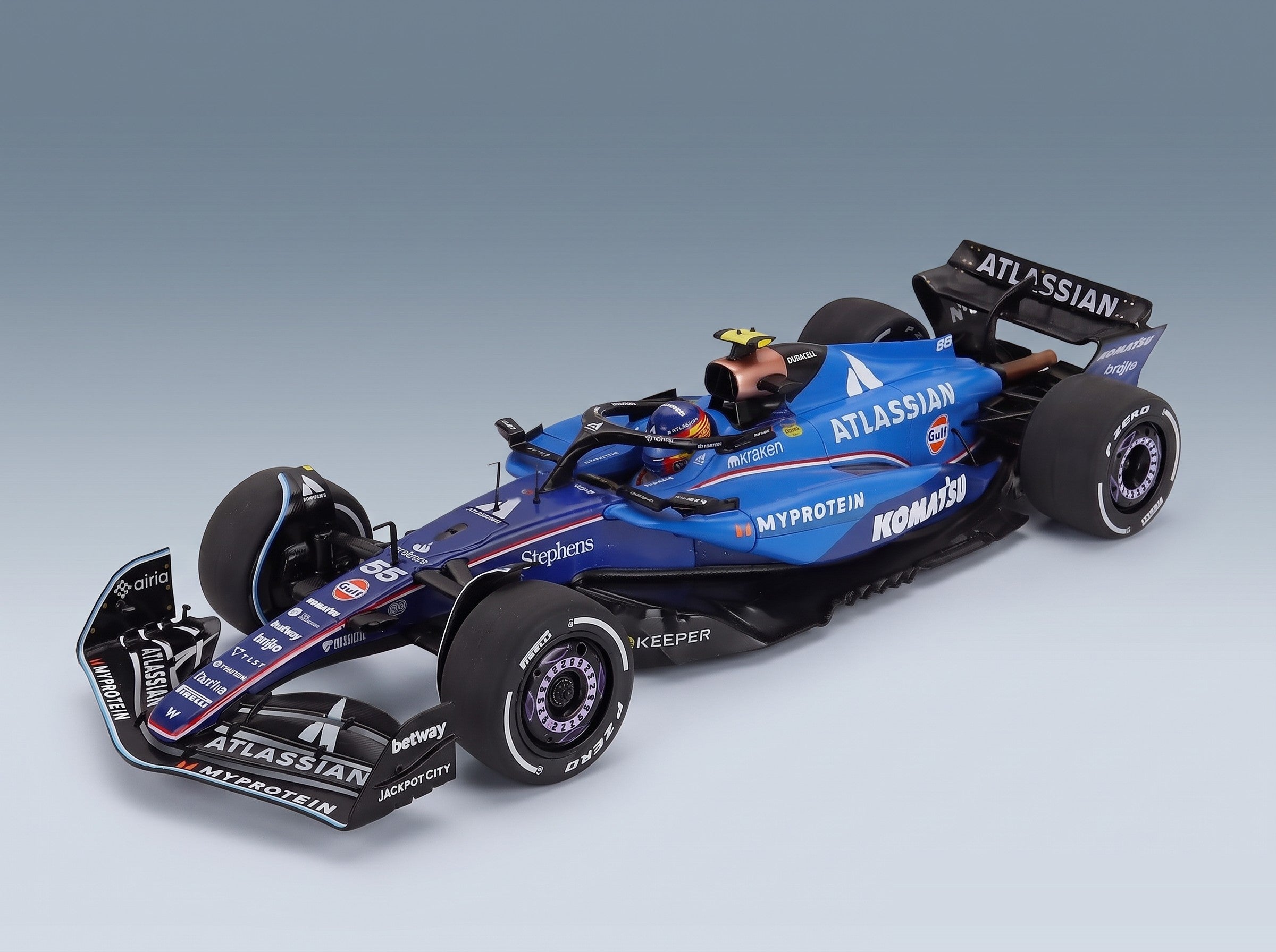 Williams FW47 Team Williams Atlassian Racing No. 55 Carlos Sainz 3rd Azerbaijan GP 2025 Solido 1:18 scale model - front three-quarter view