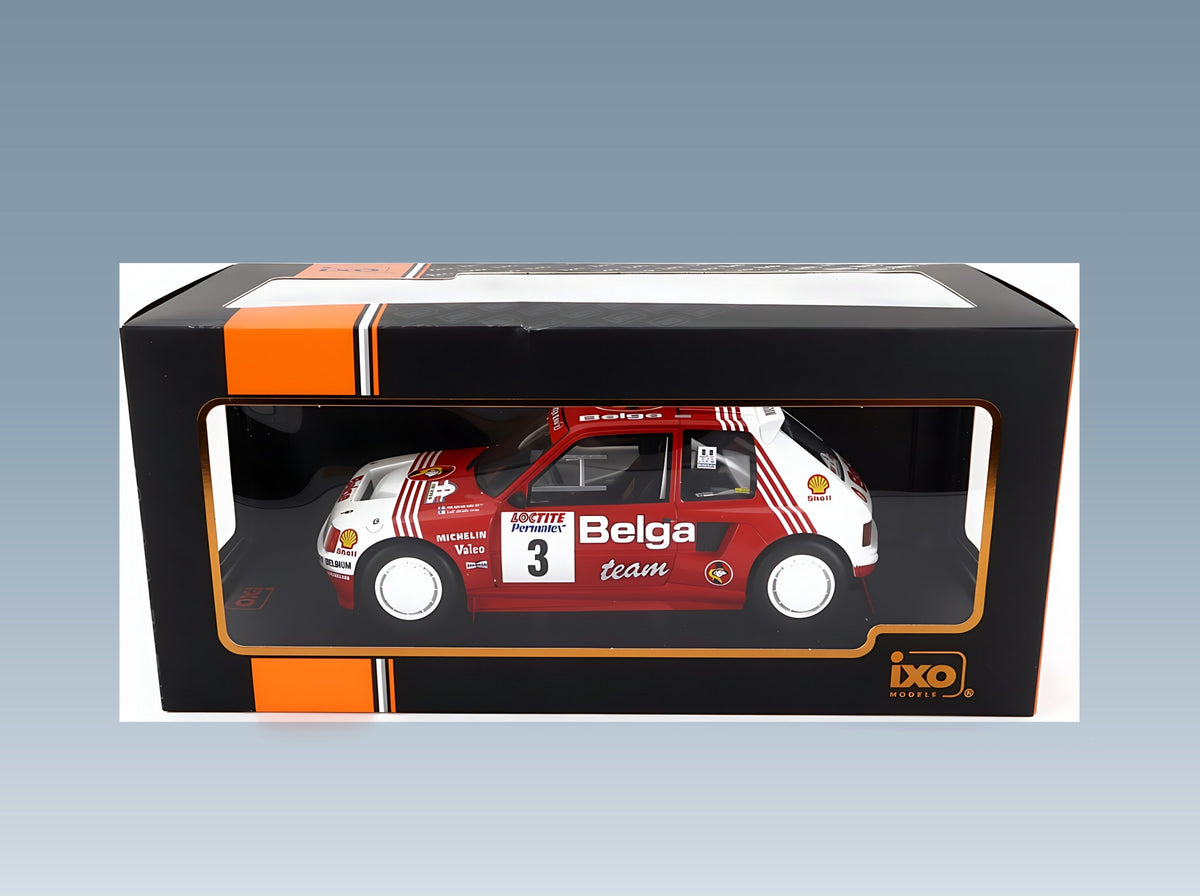 Peugeot 205 T16 Gr.B Belga No. 3 B. Darniche A. Mahe Rally Ypres 1985 IXO Models 1:18 scale model - original packaging