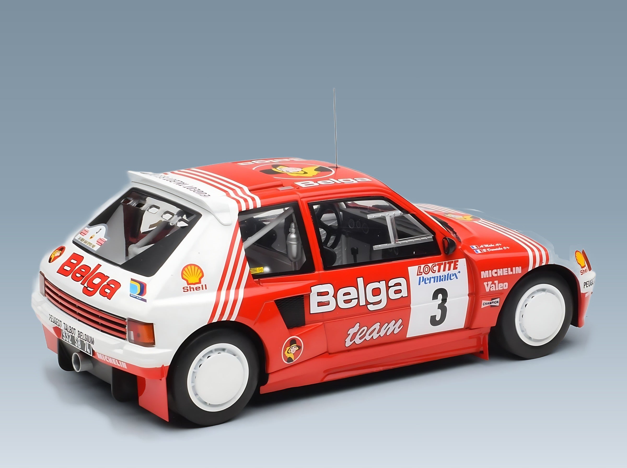 Peugeot 205 T16 Gr.B Belga No. 3 B. Darniche A. Mahe Rally Ypres 1985 IXO Models 1:18 scale model - rear three-quarter view