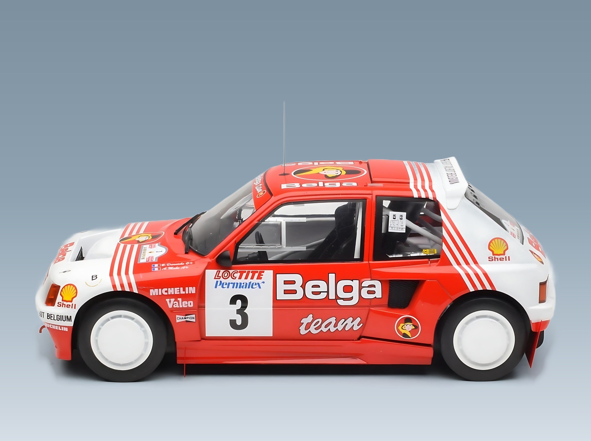 Peugeot 205 T16 Gr.B Belga No. 3 B. Darniche A. Mahe Rally Ypres 1985 IXO Models 1:18 scale model - side view