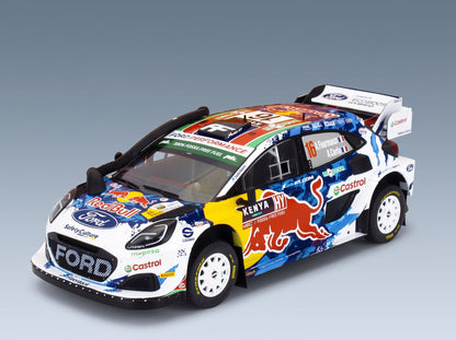 Ford Puma Rally1 M-Sport Ford WRT No. 16 Fourmaux Coria Safari Rally Kenya 2024 with Snorkel IXO Models 1:18 scale model - front three-quarter view