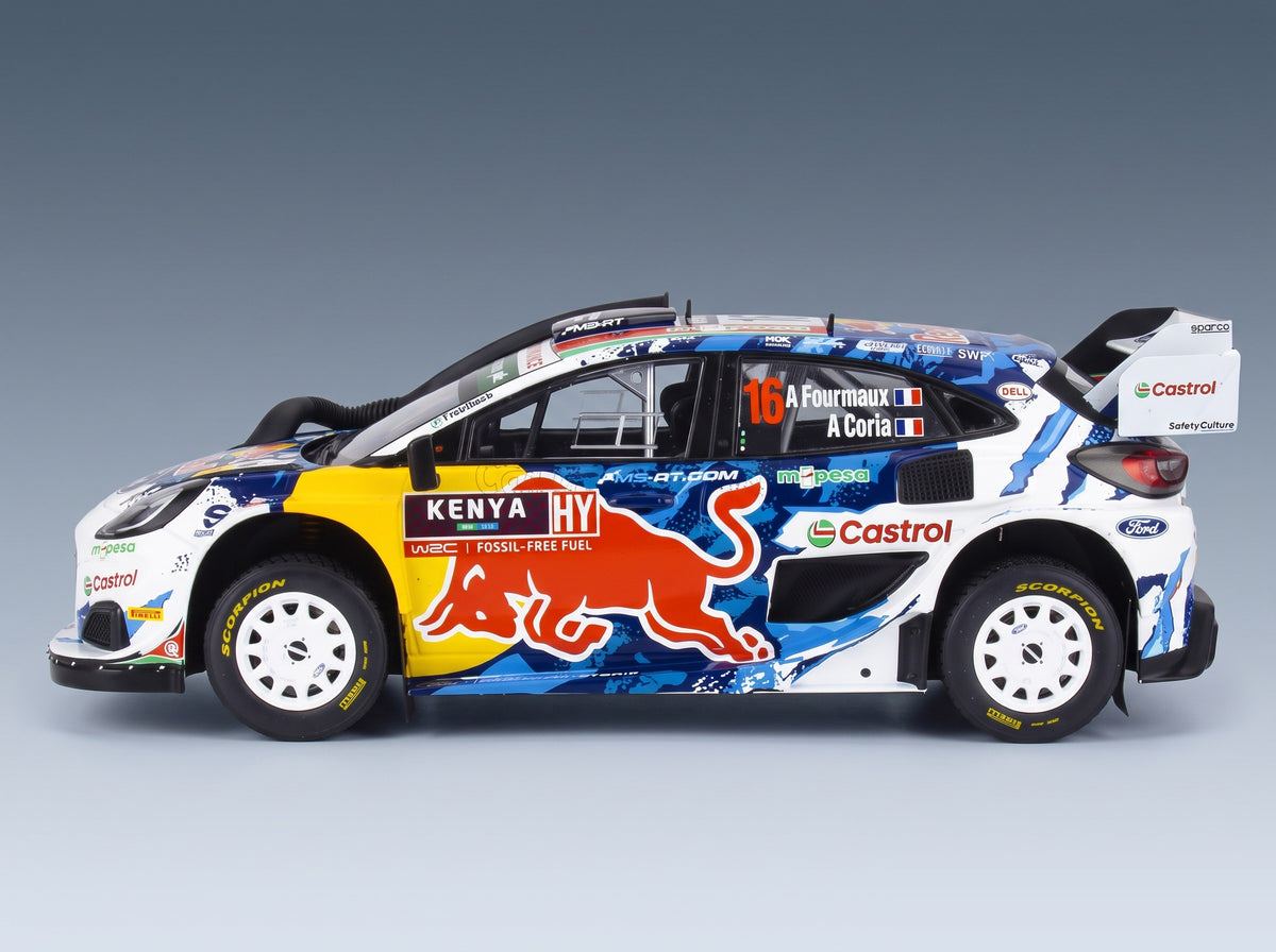 Ford Puma Rally1 M-Sport Ford WRT No. 16 Fourmaux Coria Safari Rally Kenya 2024 with Snorkel IXO Models 1:18 scale model - side view