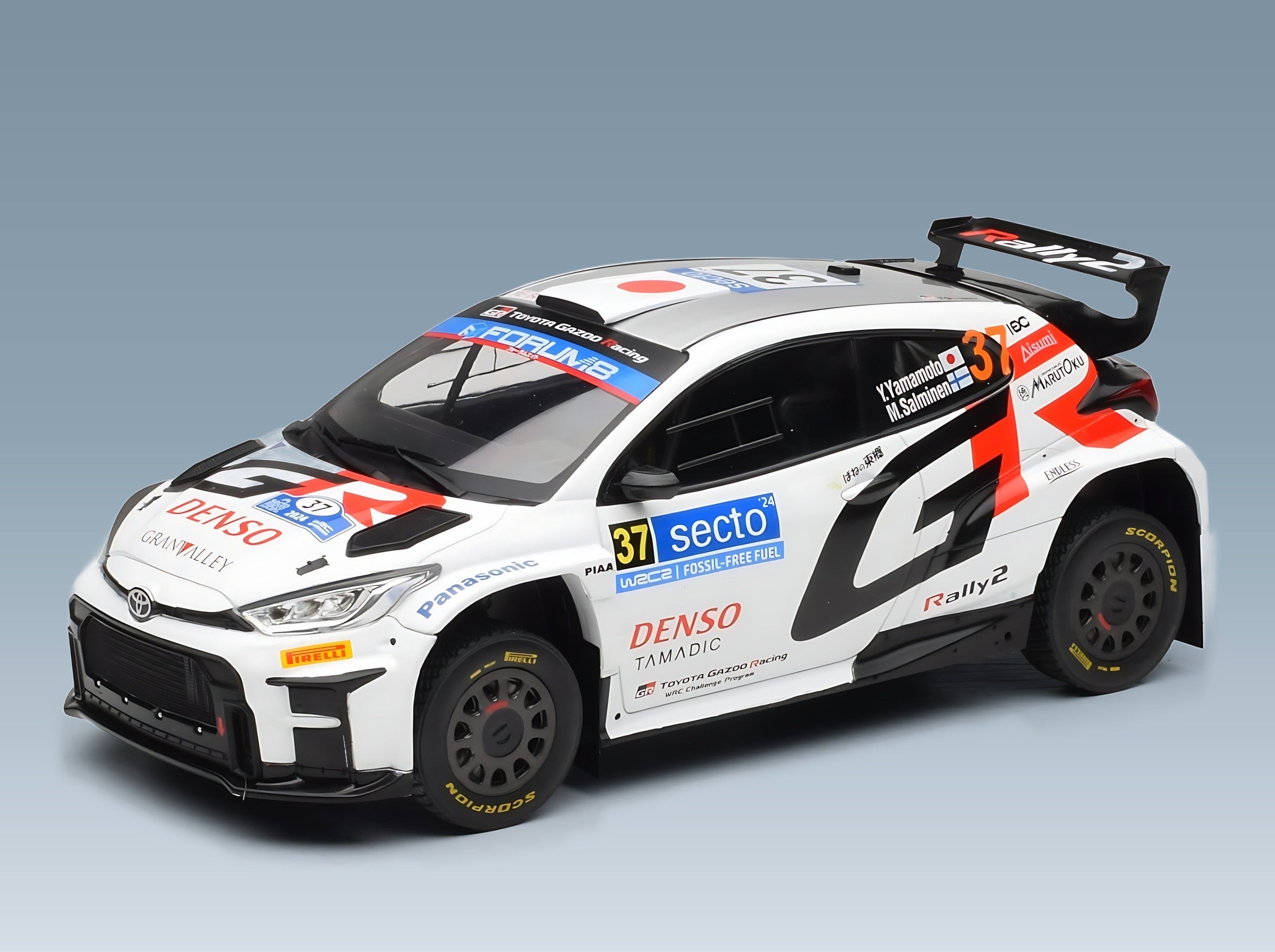 Toyota Yaris GR Rally1 Toyota Gazoo Racing WRT No. 37 Yuki Yamamoto Marko Salminen Rally Finland 2024 IXO Models 1:18 scale model - front three-quarter view