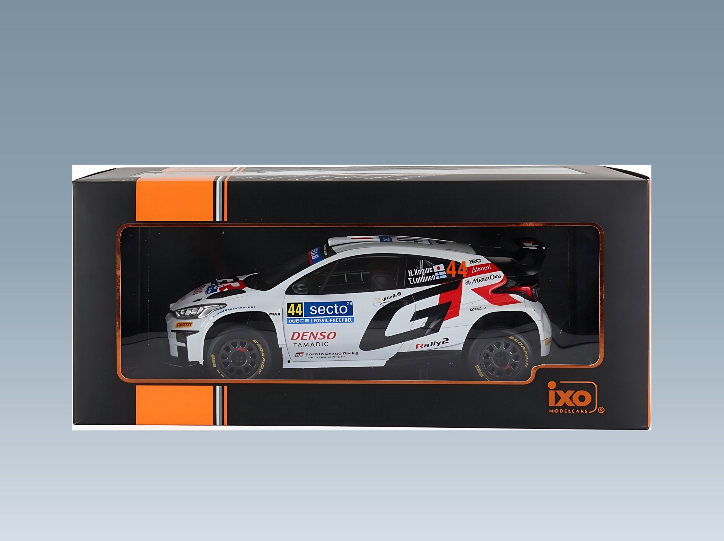 Toyota Yaris GR Rally1 Toyota Gazoo Racing WRT No. 44 Hikaru Kogure Topi Luhtinen Rally Finland 2024 IXO Models 1:18 scale model - original packaging