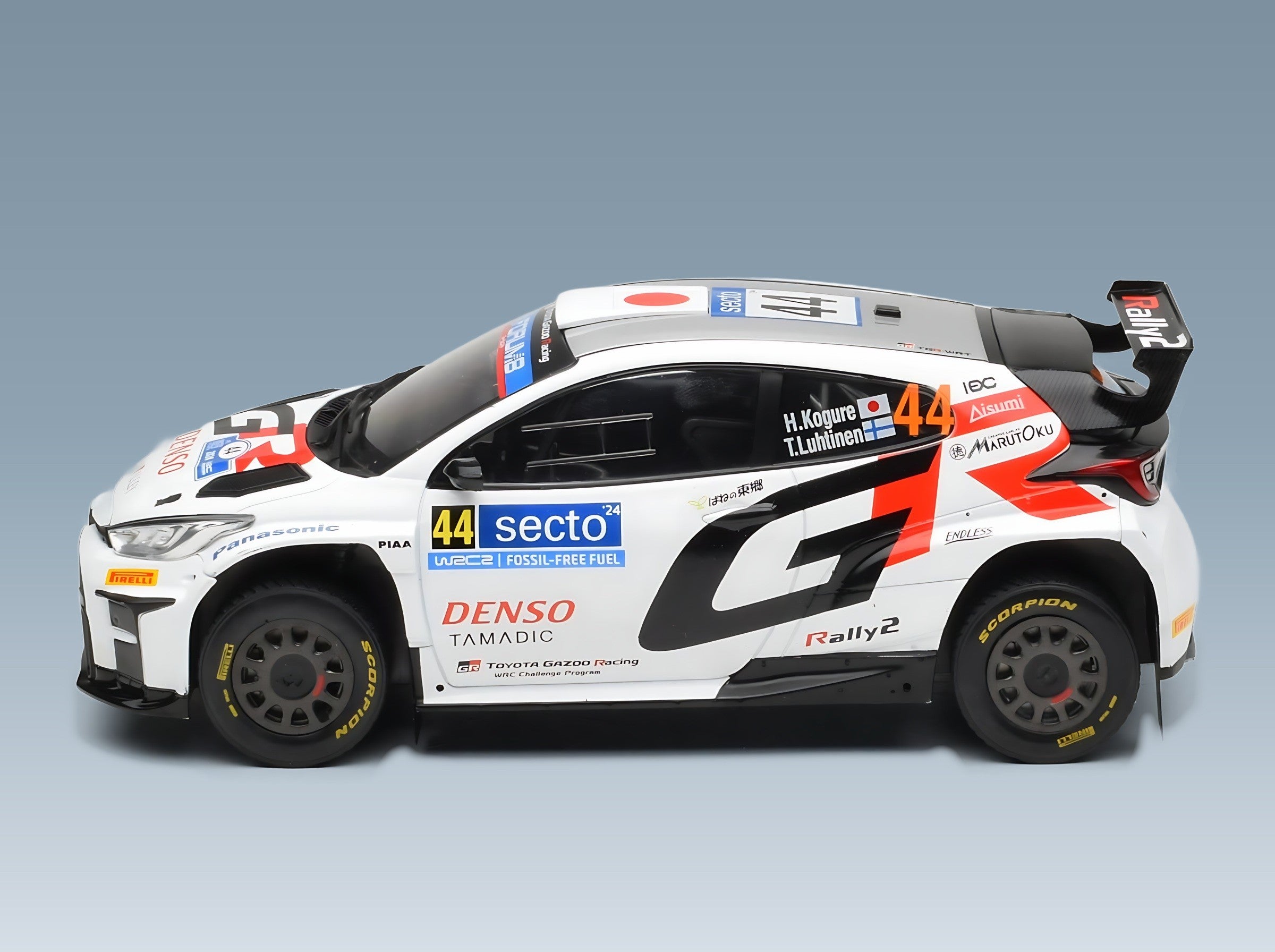 Toyota Yaris GR Rally1 Toyota Gazoo Racing WRT No. 44 Hikaru Kogure Topi Luhtinen Rally Finland 2024 IXO Models 1:18 scale model - side view