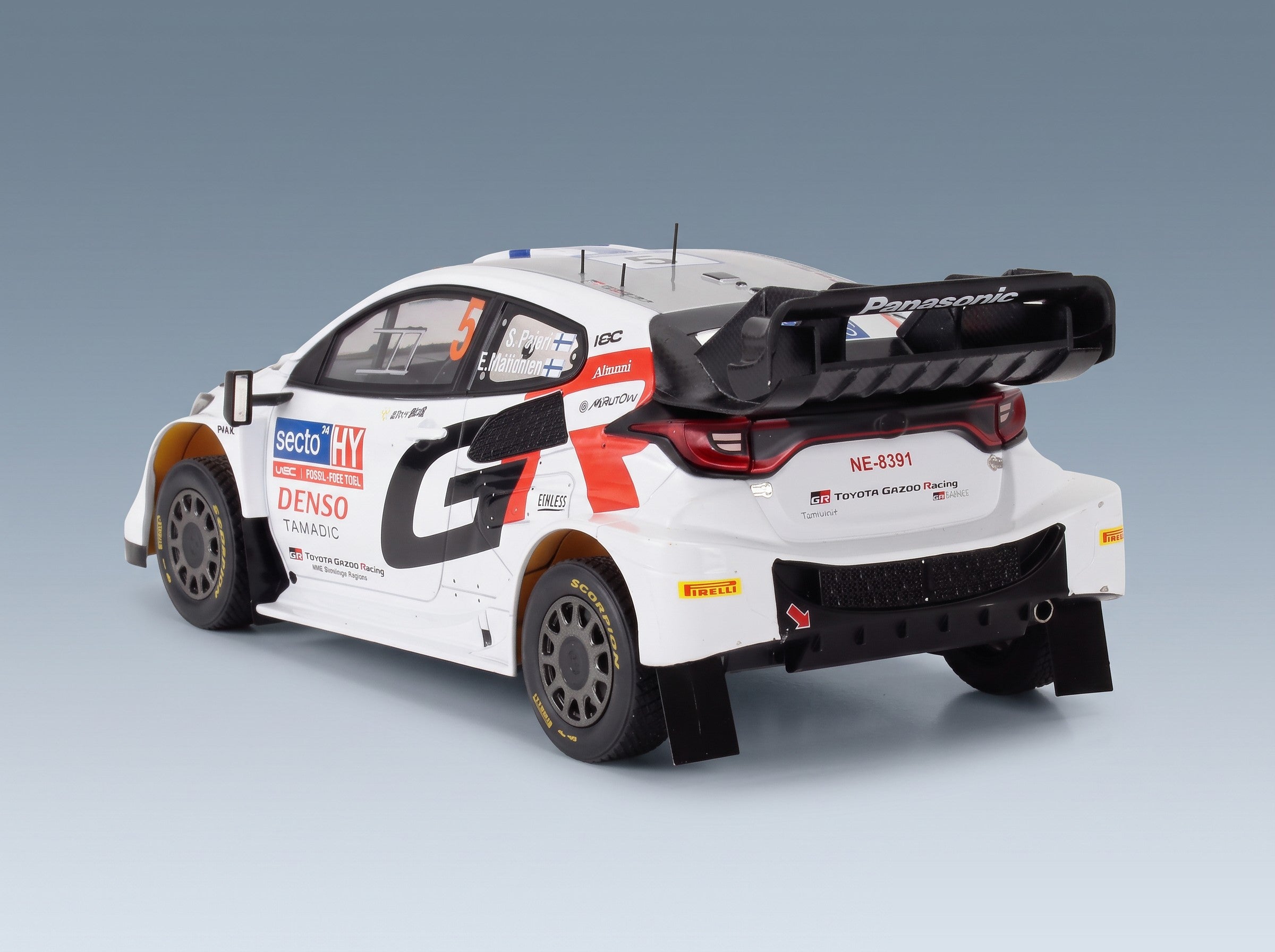Toyota Yaris GR Rally1 Team Toyota Gazoo Racing WRT No. 5 Sami Pajari Enni Malkonen 4th Rally Finland 2024 IXO Models 1:18 scale model - rear three-quarter view