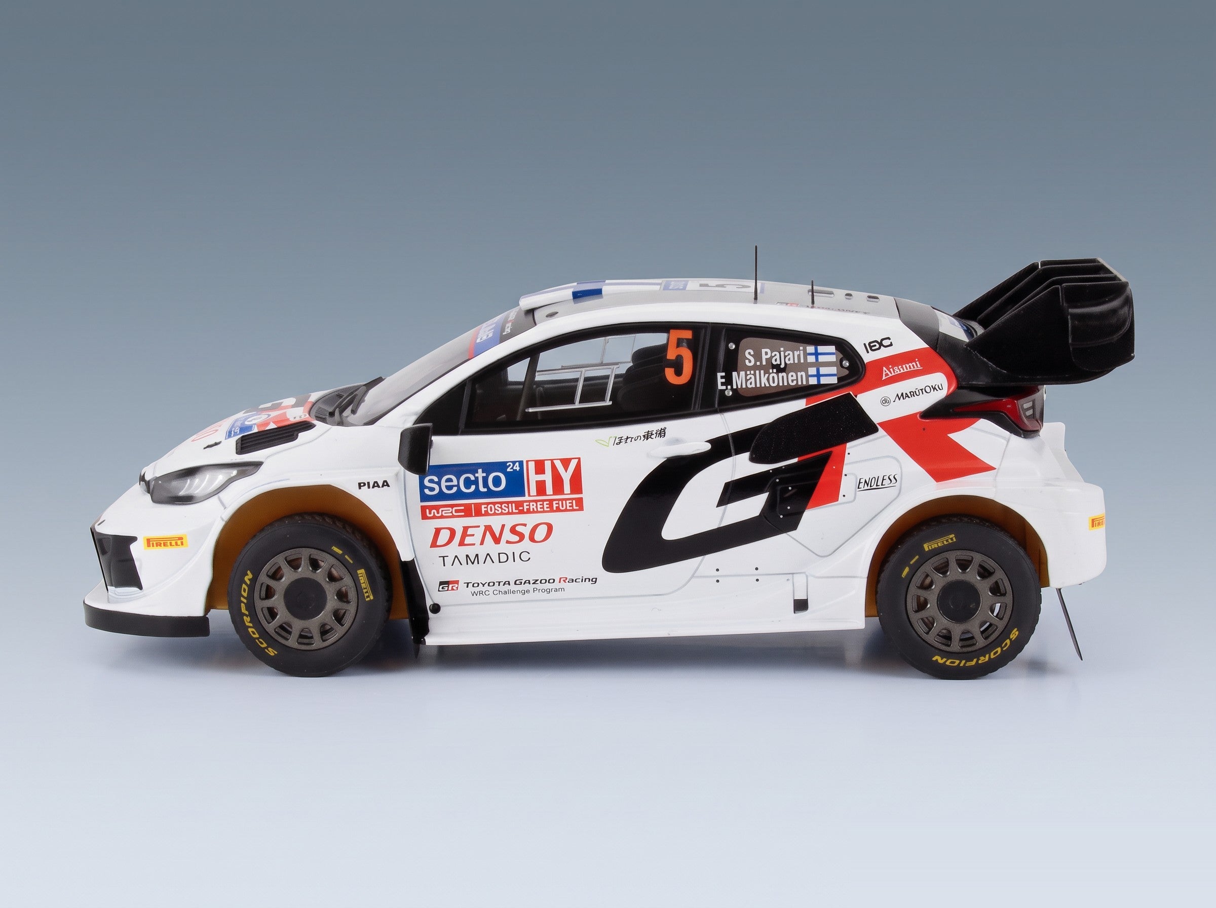Toyota Yaris GR Rally1 Team Toyota Gazoo Racing WRT No. 5 Sami Pajari Enni Malkonen 4th Rally Finland 2024 IXO Models 1:18 scale model - side view