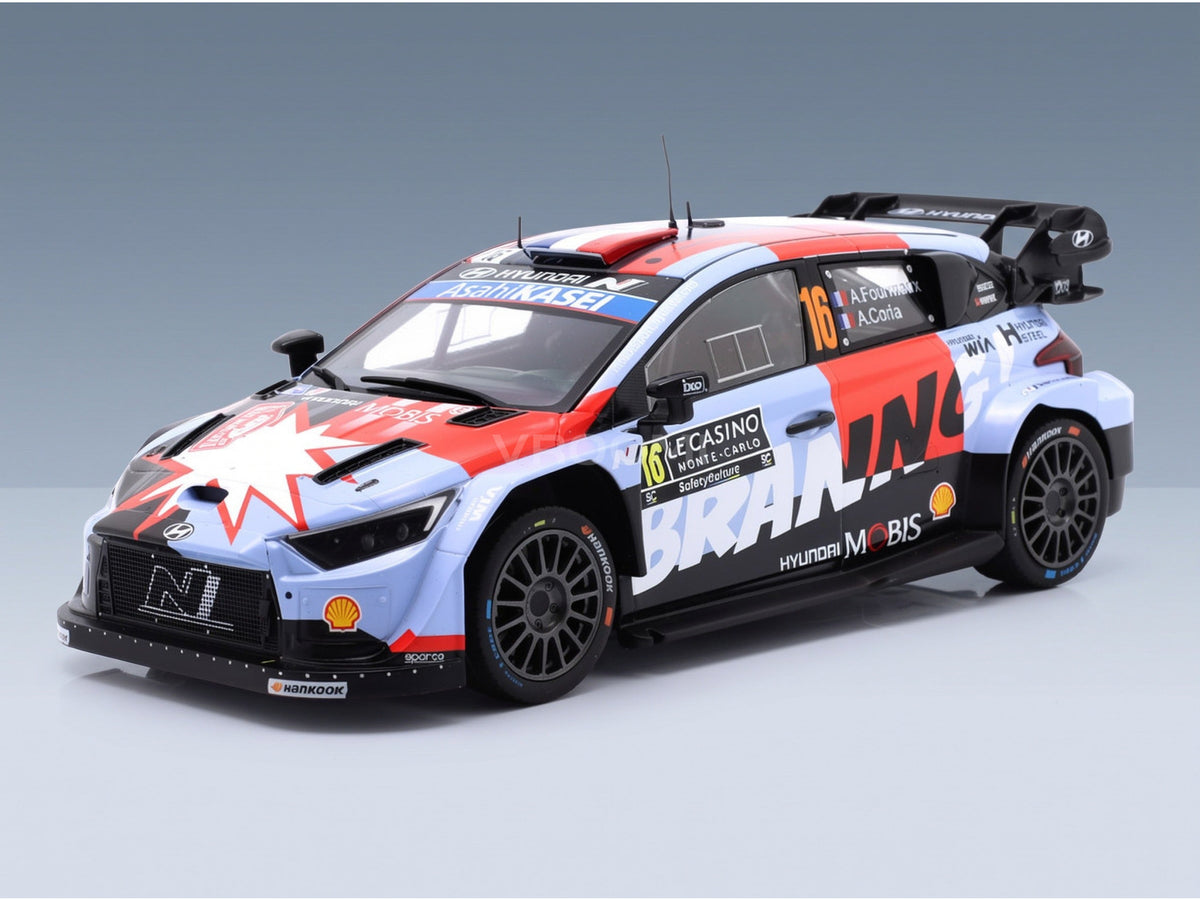 HYUNDAI - i20 N WRC RALLY1 TEAM SHELL MOBIS WRT N 16 RALLY MONTECARLO 2026 ADRIEN FOURMAUX - ALEXANDRE CORIA - RED LIGHT BLUE BLACK scale model - front three-quarter view