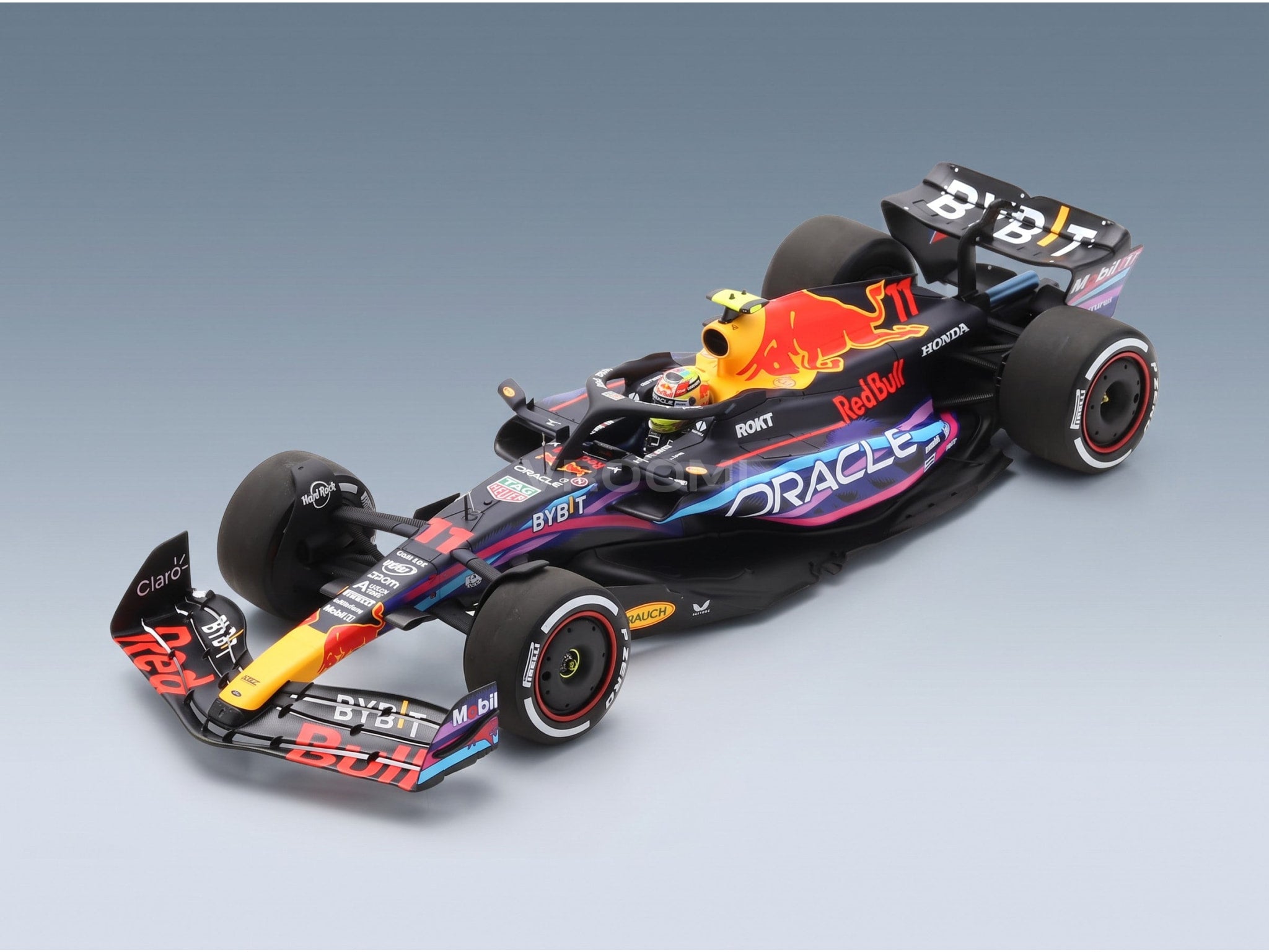 Red Bull RB19 Oracle Red Bull Racing No. 11 2nd Miami GP Sergio Perez 2023 Spark Model 1:18 scale model - front three-quarter view