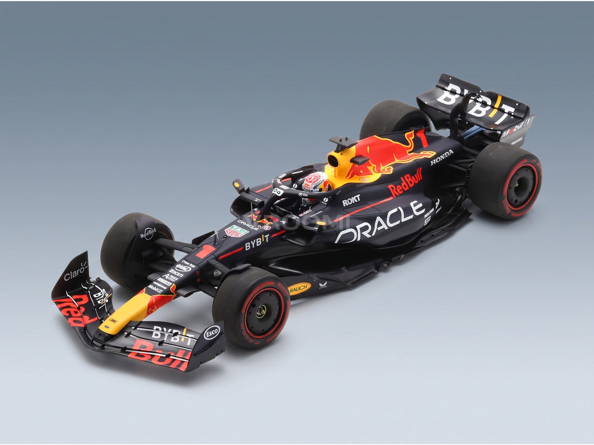 Red Bull RB19 Oracle Red Bull Racing No. 1 Max Verstappen Winner Spain GP 2023 Spark Model 1:18 scale model - front three-quarter view