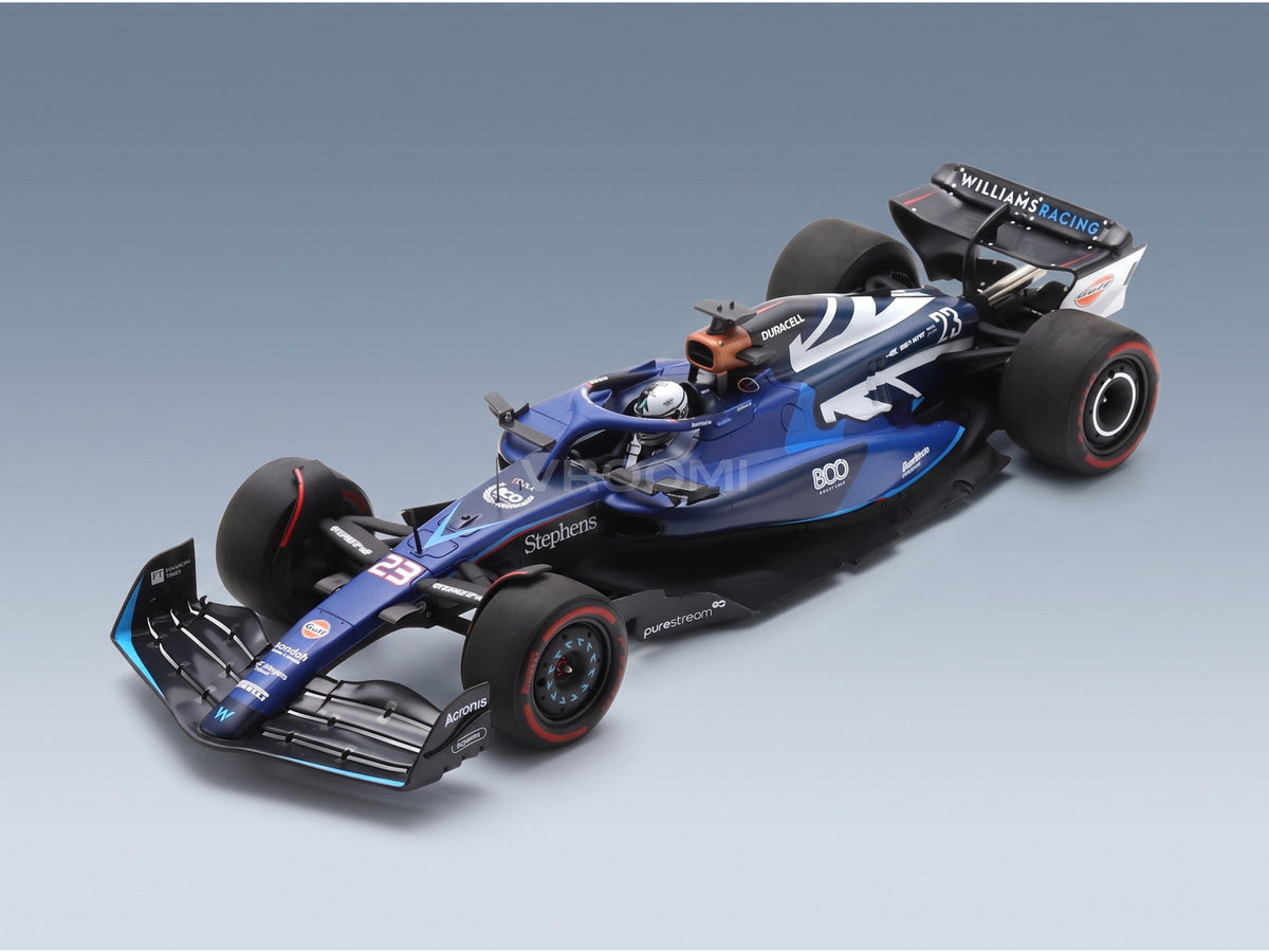 Williams FW45 Team Williams Racing No. 23 Alexander Albon 800th GP British GP 2023 Spark Model 1:18 scale model - front three-quarter view