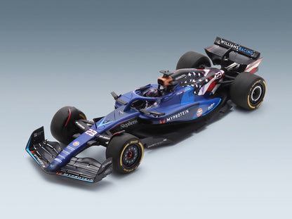 Williams FW45 Team Williams Racing Gulf No. 23 Alexander Albon Austin USA GP 2023 Spark Model 1:18 - front three-quarter view