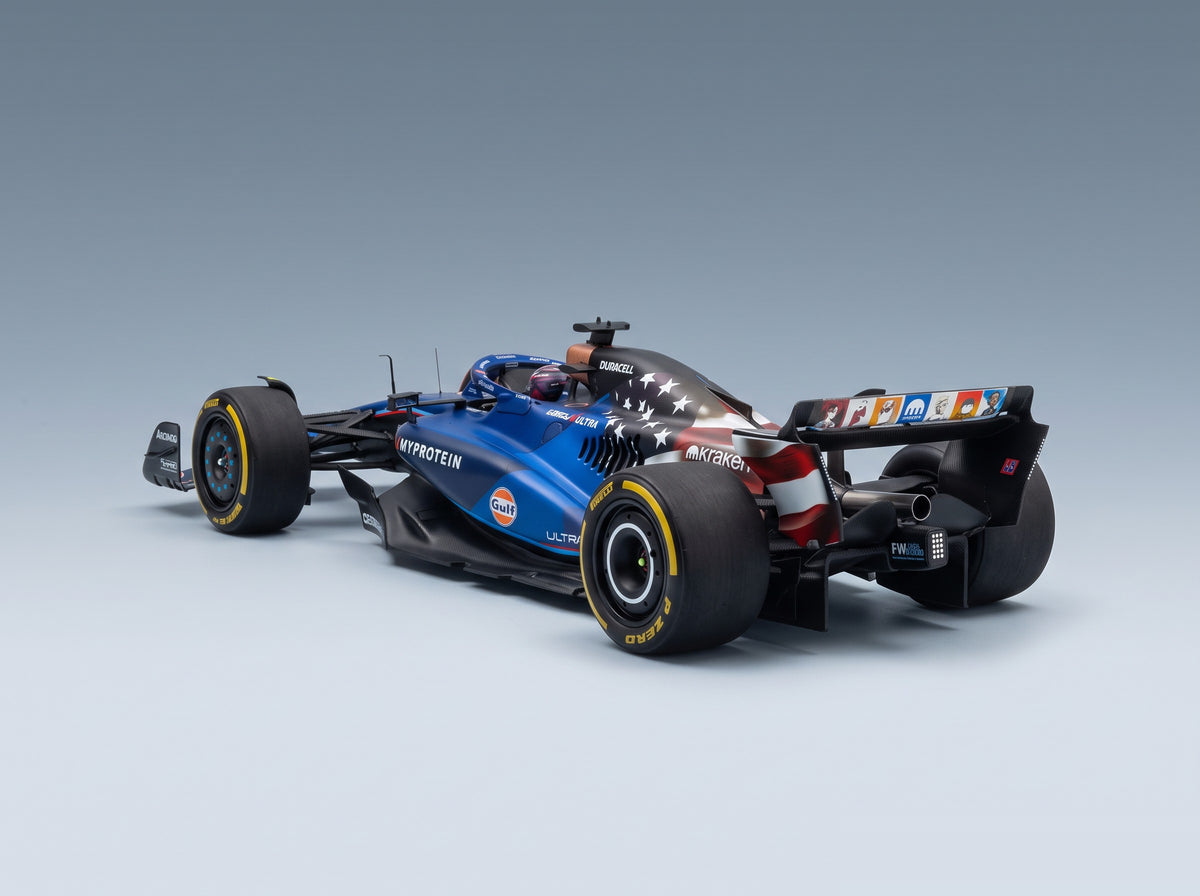 Williams FW45 Team Williams Racing Gulf No. 23 Alexander Albon Austin USA GP 2023 Spark Model 1:18 - rear three-quarter view