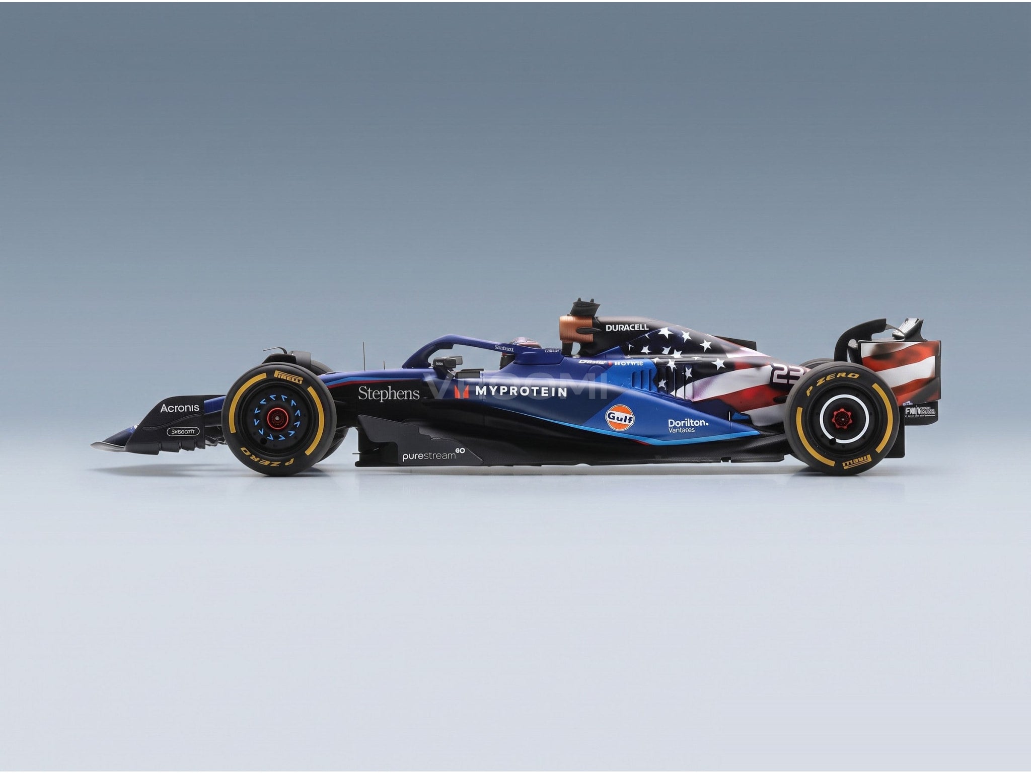 Williams FW45 Team Williams Racing Gulf No. 23 Alexander Albon Austin USA GP 2023 Spark Model 1:18 scale model - side view