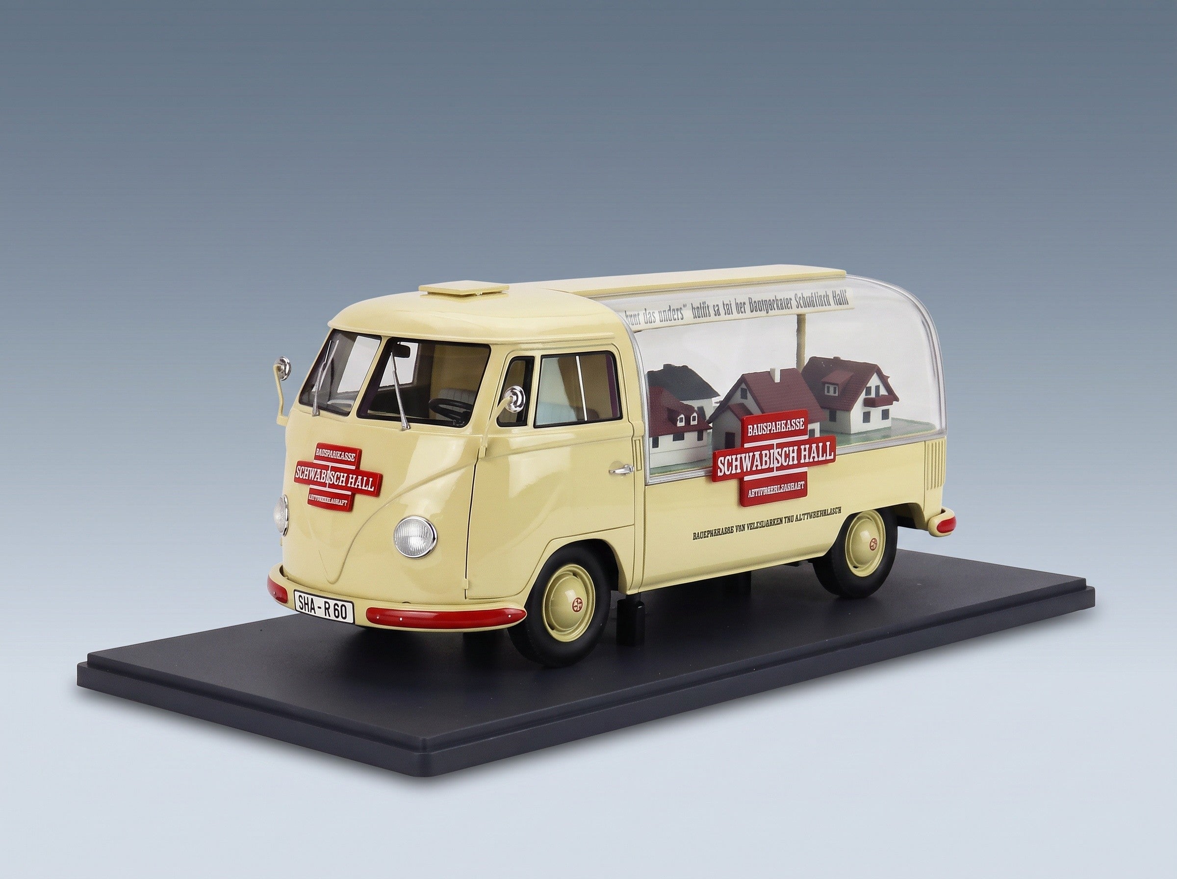 Volkswagen T1a Pick-Up Bauspar-Kasse Schwäbisch Hall 1962 Cream Schuco 1:18 scale model - front three-quarter view