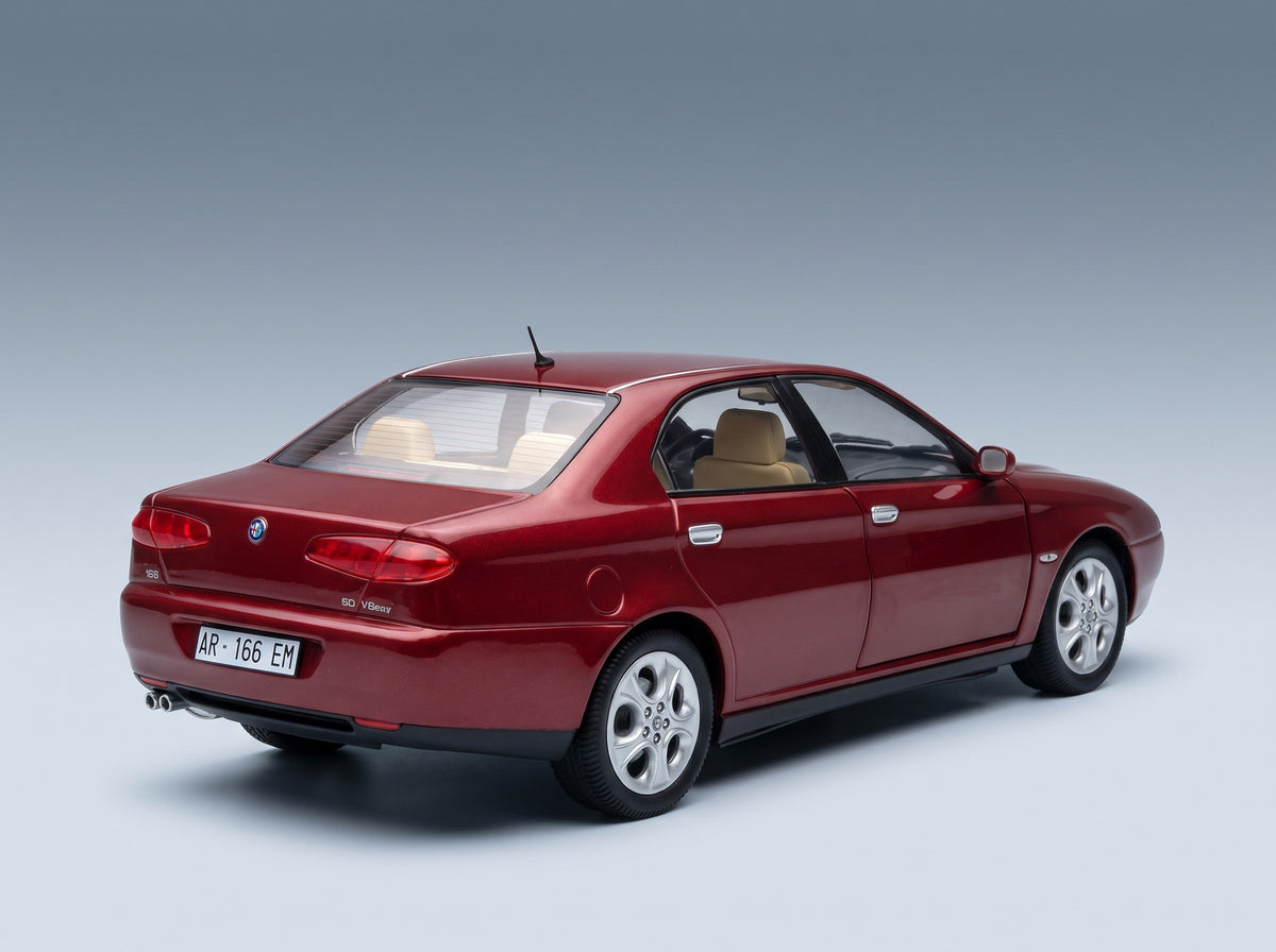 Alfa Romeo 166 3.0 V6 1998 Rosso Proteo Metallizzato Beige Interior Mitica 1:18 scale model - rear three-quarter view