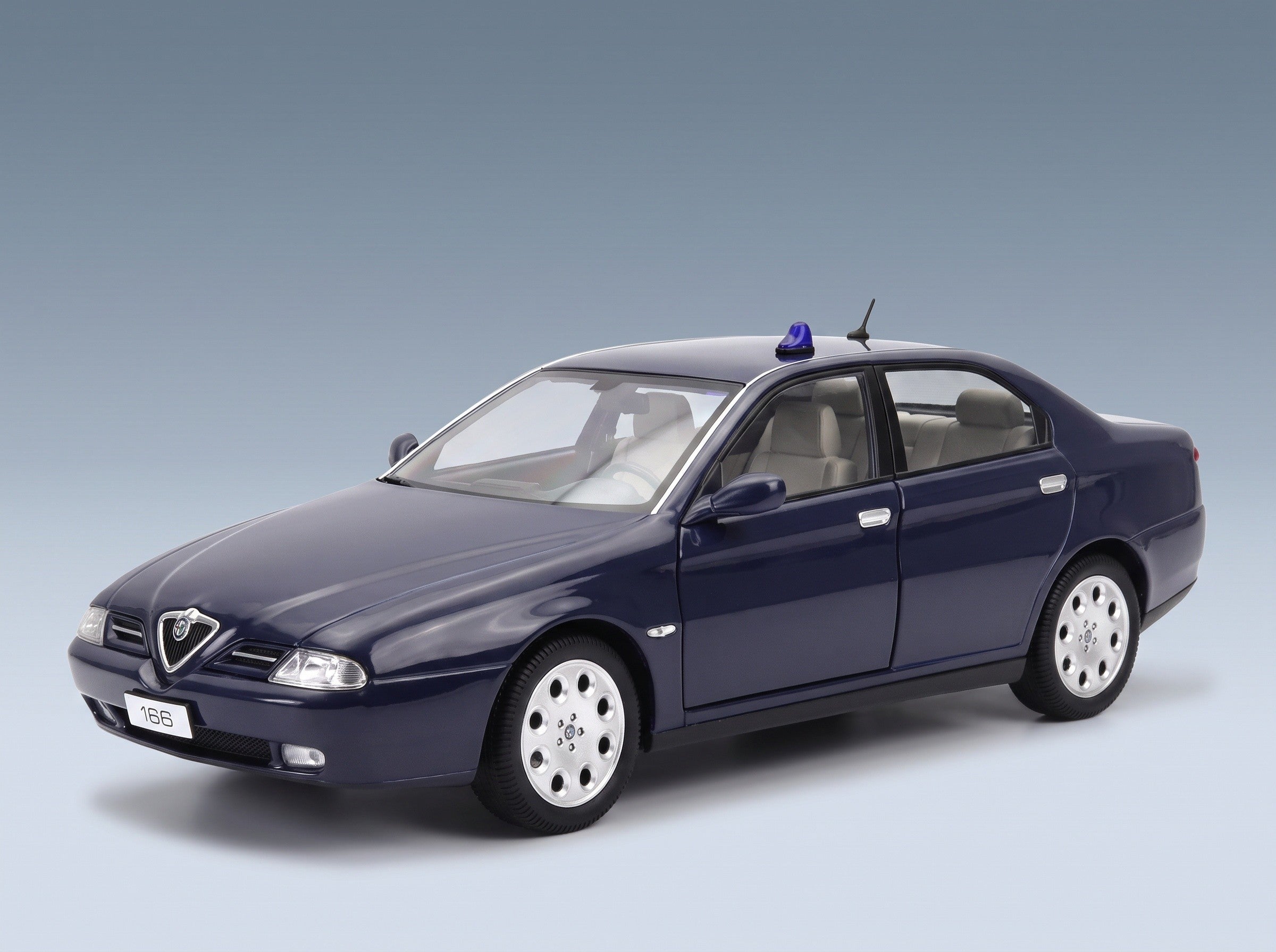 Alfa Romeo 166 2.0 Twin Spark Carabinieri GDF Civile Decals 1998 Blue Mitica 1:18 scale model - front three-quarter view