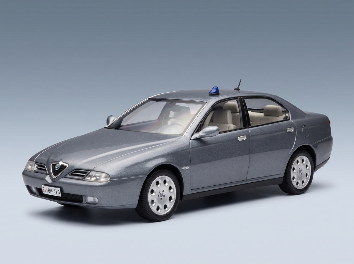 Alfa Romeo 166 2.4 JTD with Decals Comando Esercito Italiano e Civile 1998 Nettuno Grey Metallic Mitica 1:18 scale model - front three-quarter view