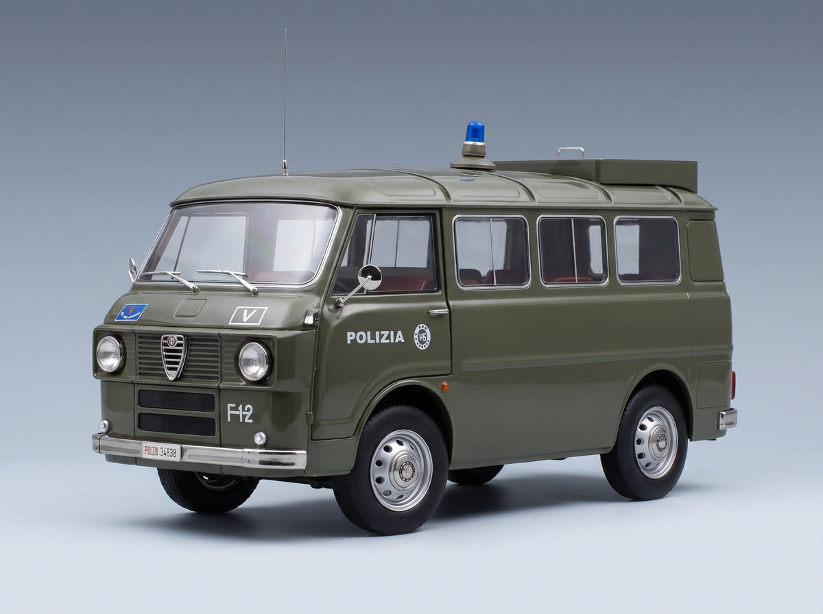 Alfa Romeo F-12 Minibus 1-Series Polizia 1970 Green Mitica 1:18 scale model - front three-quarter view