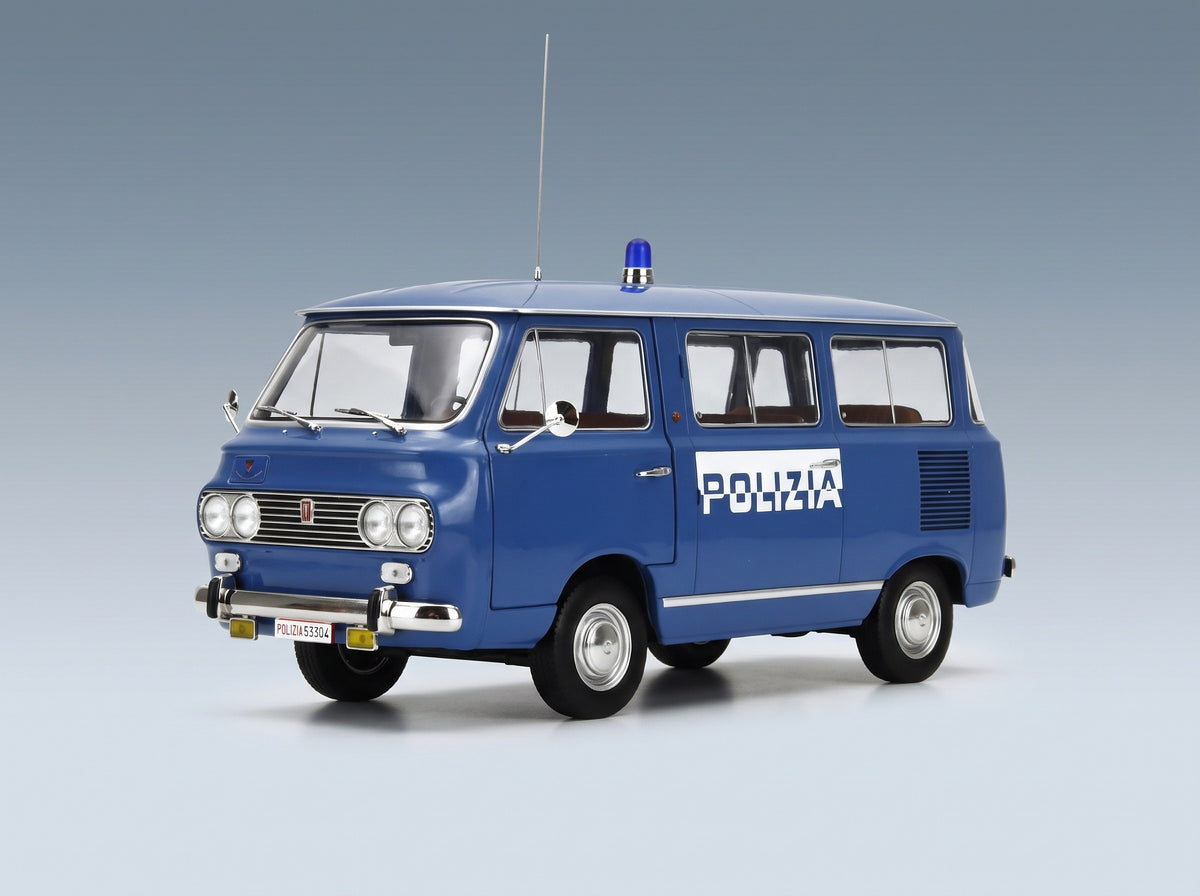 Fiat 850 Familiare Polizia 1970 Light Blue Interior Brown Mitica 1:18 scale model - front three-quarter view