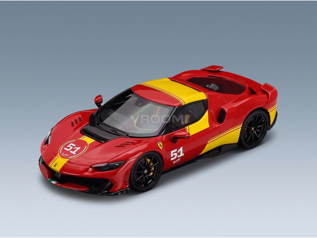 Ferrari 296 Speciale No. 51 Piloti Ferrari 499P 24h Le Mans Livery 2025 Rosso Scuderia Giallo Modena BBR Models 1:43 scale model - front three-quarter view