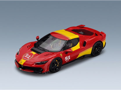 Ferrari 296 Speciale No. 51 Piloti Ferrari 499P 24h Le Mans Livery 2025 Rosso Scuderia Giallo Modena BBR Models 1:43 scale model - front three-quarter view