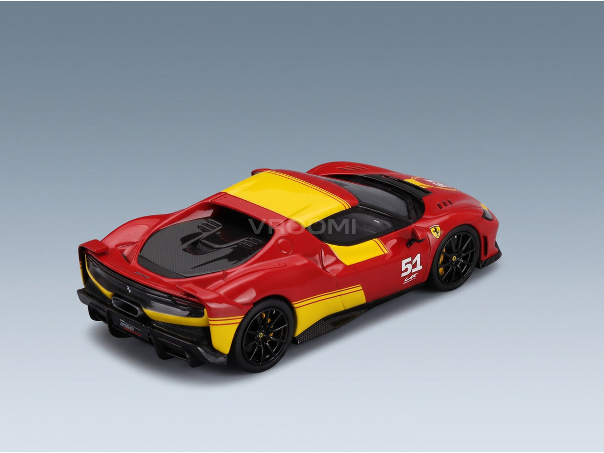 Ferrari 296 Speciale No. 51 Piloti Ferrari 499P 24h Le Mans Livery 2025 Rosso Scuderia Giallo Modena BBR Models 1:43 scale model - rear three-quarter view