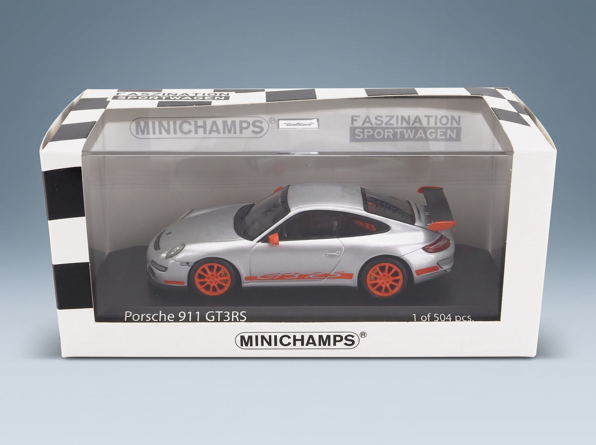 Porsche 911 997 GT3 RS Coupe 2006 Silver Orange Minichamps 1:43 scale model - original packaging