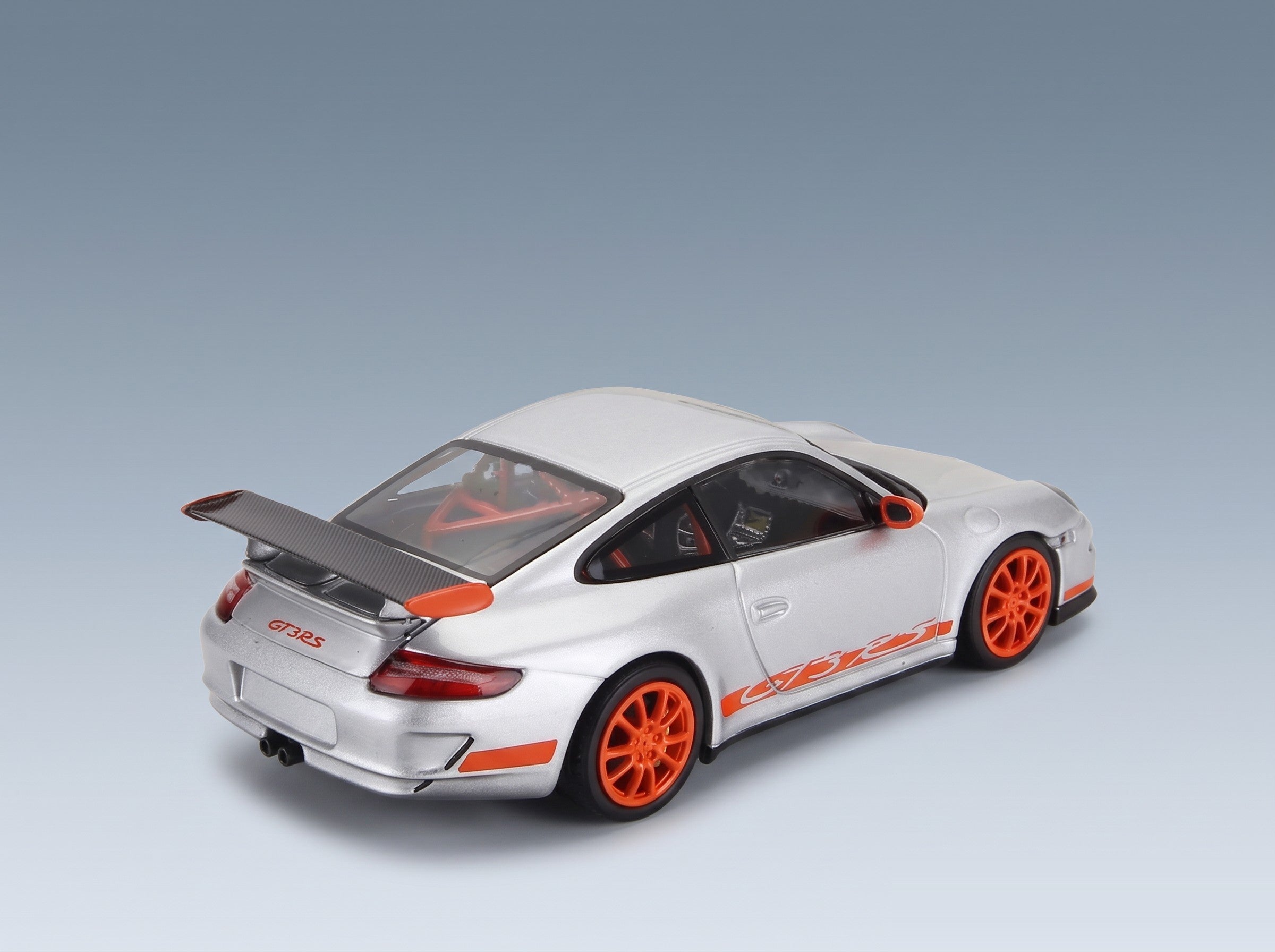 Porsche 911 997 GT3 RS Coupe 2006 Silver Orange Minichamps 1:43 scale model - rear three-quarter view