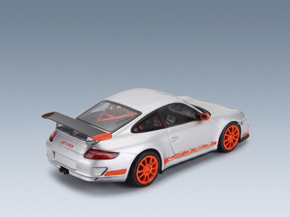 Porsche 911 997 GT3 RS Coupe 2006 Silver Orange Minichamps 1:43 scale model - rear three-quarter view