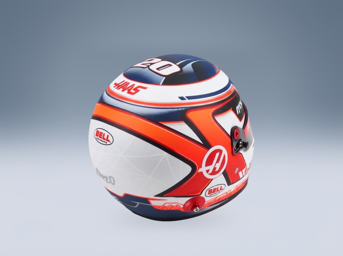 Bell Helmet Haas VF-22 No. 20 Kevin Magnussen F1 Season 2022 Mini Helmet 1:2 scale helmet - rear three-quarter view