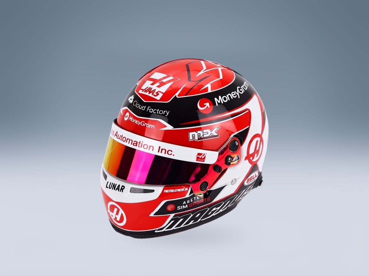 Bell Helmet Kevin Magnussen Haas VF-23 No. 20 2023 Mini Helmet 1:2 scale helmet - front three-quarter view