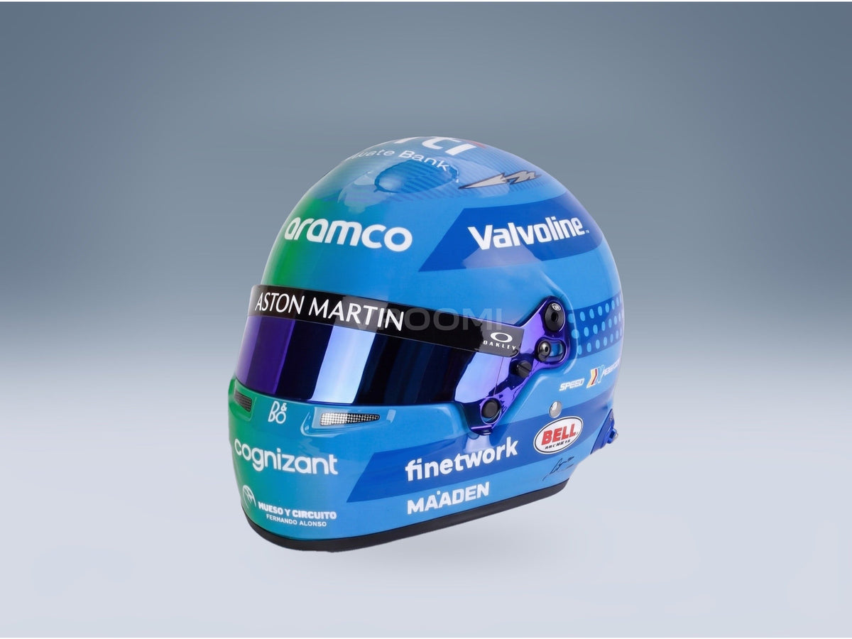 Bell Helmet Fernando Alonso Aston Martin Aramco Cognizant No. 14 USA Las Vegas GP 2024 Mini Helmet 1:2 scale helmet - front three-quarter view