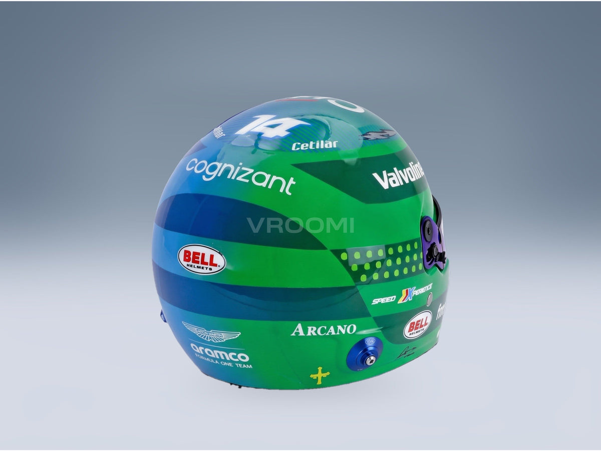 Bell Helmet Fernando Alonso Aston Martin Aramco Cognizant No. 14 USA Las Vegas GP 2024 Mini Helmet 1:2 scale helmet - rear three-quarter view