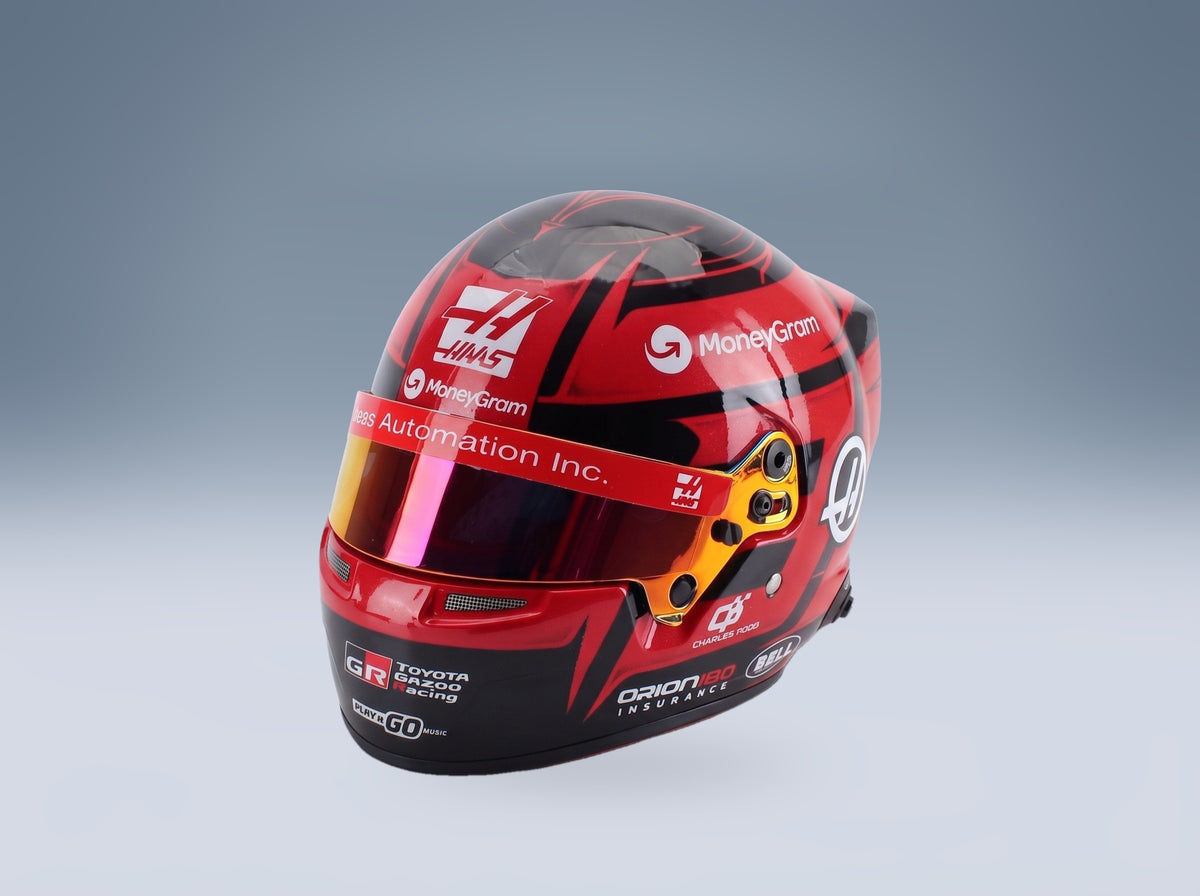 Bell Helmet Esteban Ocon MoneyGram Haas No. 31 F1 2025 Season Mini Helmet 1:2 scale helmet - front three-quarter view