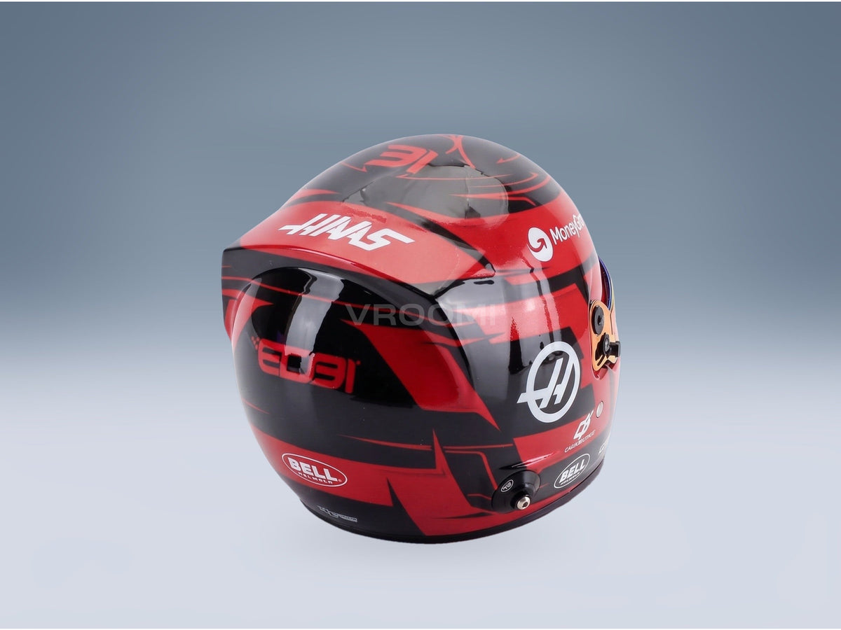 Bell Helmet Esteban Ocon MoneyGram Haas No. 31 F1 2025 Season Mini Helmet 1:2 scale helmet - rear three-quarter view