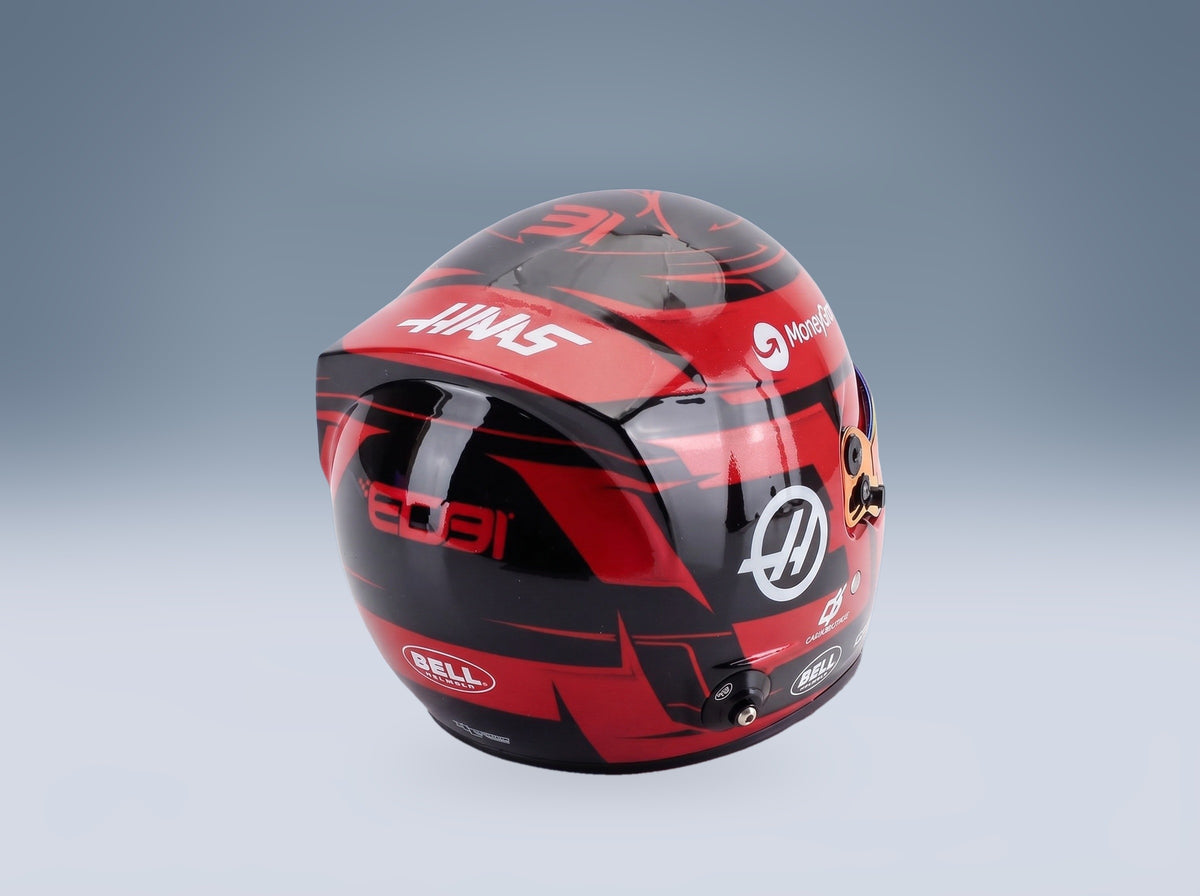 Bell Helmet Esteban Ocon MoneyGram Haas No. 31 F1 2025 Season Mini Helmet 1:2 scale helmet - rear three-quarter view