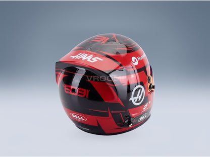 Bell Helmet Esteban Ocon MoneyGram Haas No. 31 F1 2025 Season Mini Helmet 1:2 scale helmet - rear three-quarter view