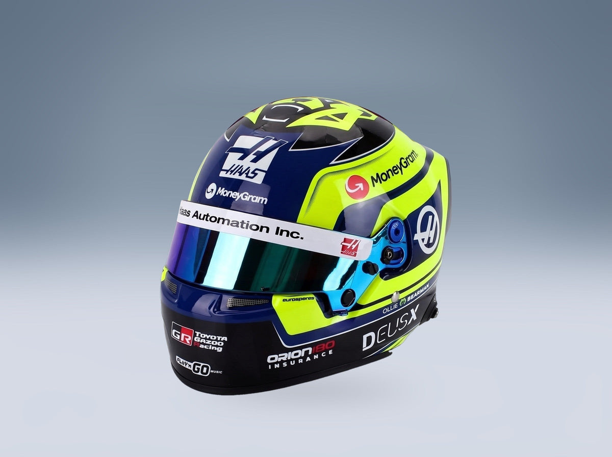 Bell Helmet Oliver Bearman Moneygram Haas No. 87 F1 Season 2025 Mini Helmet 1:2 scale helmet - front three-quarter view