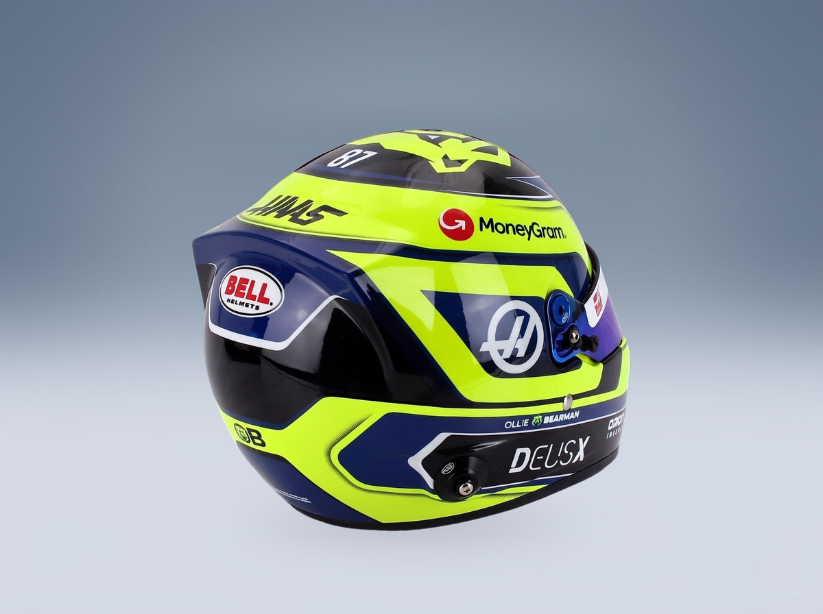 Bell Helmet Oliver Bearman Moneygram Haas No. 87 F1 Season 2025 Mini Helmet 1:2 scale helmet - rear three-quarter view
