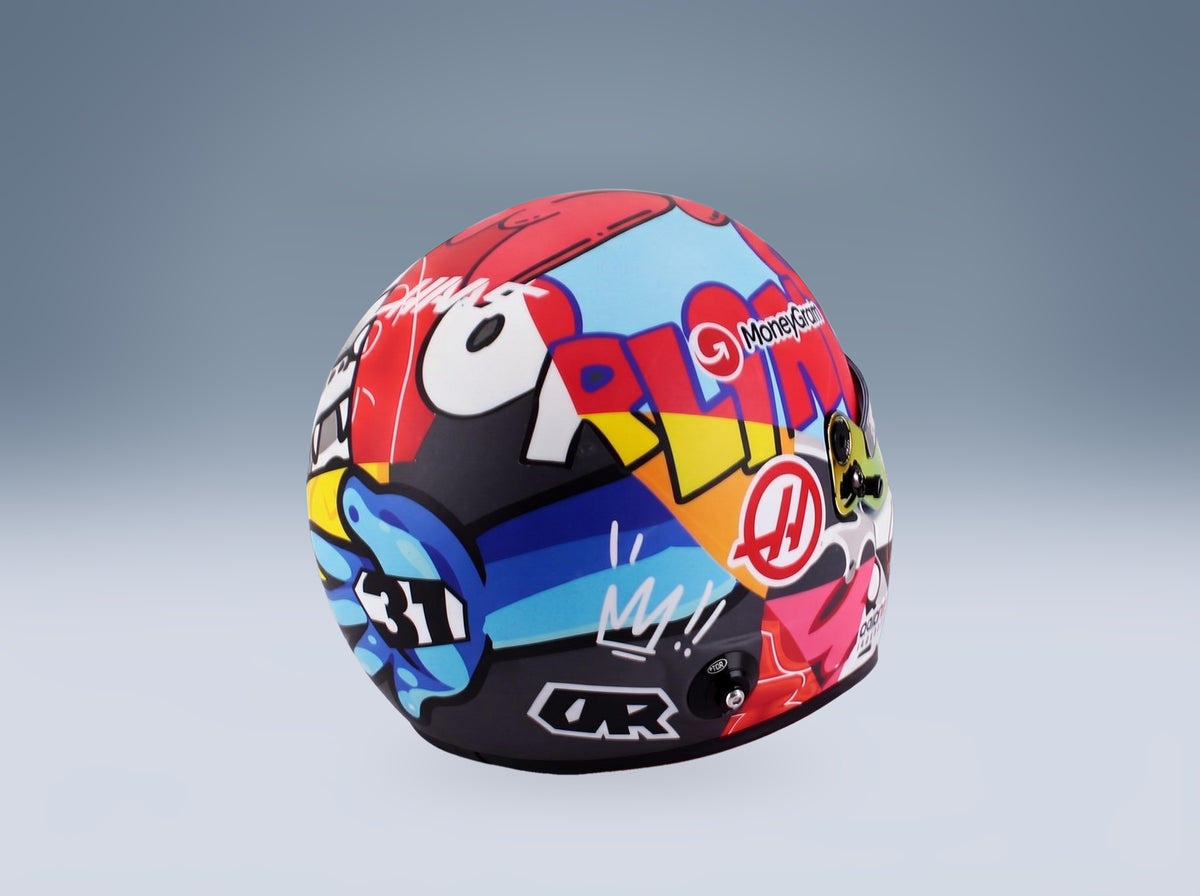 Bell Helmet Esteban Ocon MoneyGram Haas No. 31 Miami GP 2025 Mini Helmet 1:18 scale helmet - rear three-quarter view