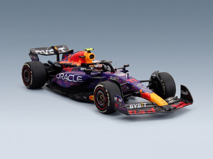 Red Bull RB19 Set 2x Oracle Red Bull Racing No. 1 Max Verstappen World Champion Winner Las Vegas USA GP + No. 11 3rd Las Vegas USA GP Sergio Perez 2023 Minichamps 1:43 scale model - front three-quarter view, top down