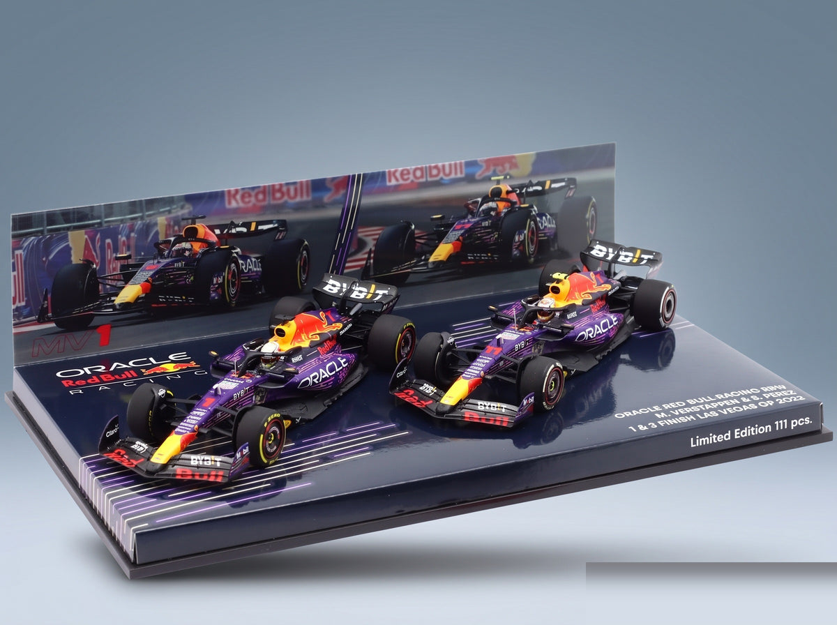 Red Bull RB19 Set 2x Oracle Red Bull Racing No. 1 Max Verstappen World Champion Winner Las Vegas USA GP + No. 11 3rd Las Vegas USA GP Sergio Perez 2023 Minichamps 1:43 scale model - original packaging