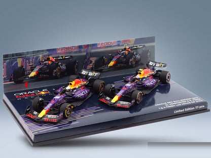 Red Bull RB19 Set 2x Oracle Red Bull Racing No. 1 Max Verstappen World Champion Winner Las Vegas USA GP + No. 11 3rd Las Vegas USA GP Sergio Perez 2023 Minichamps 1:43 scale model - original packaging