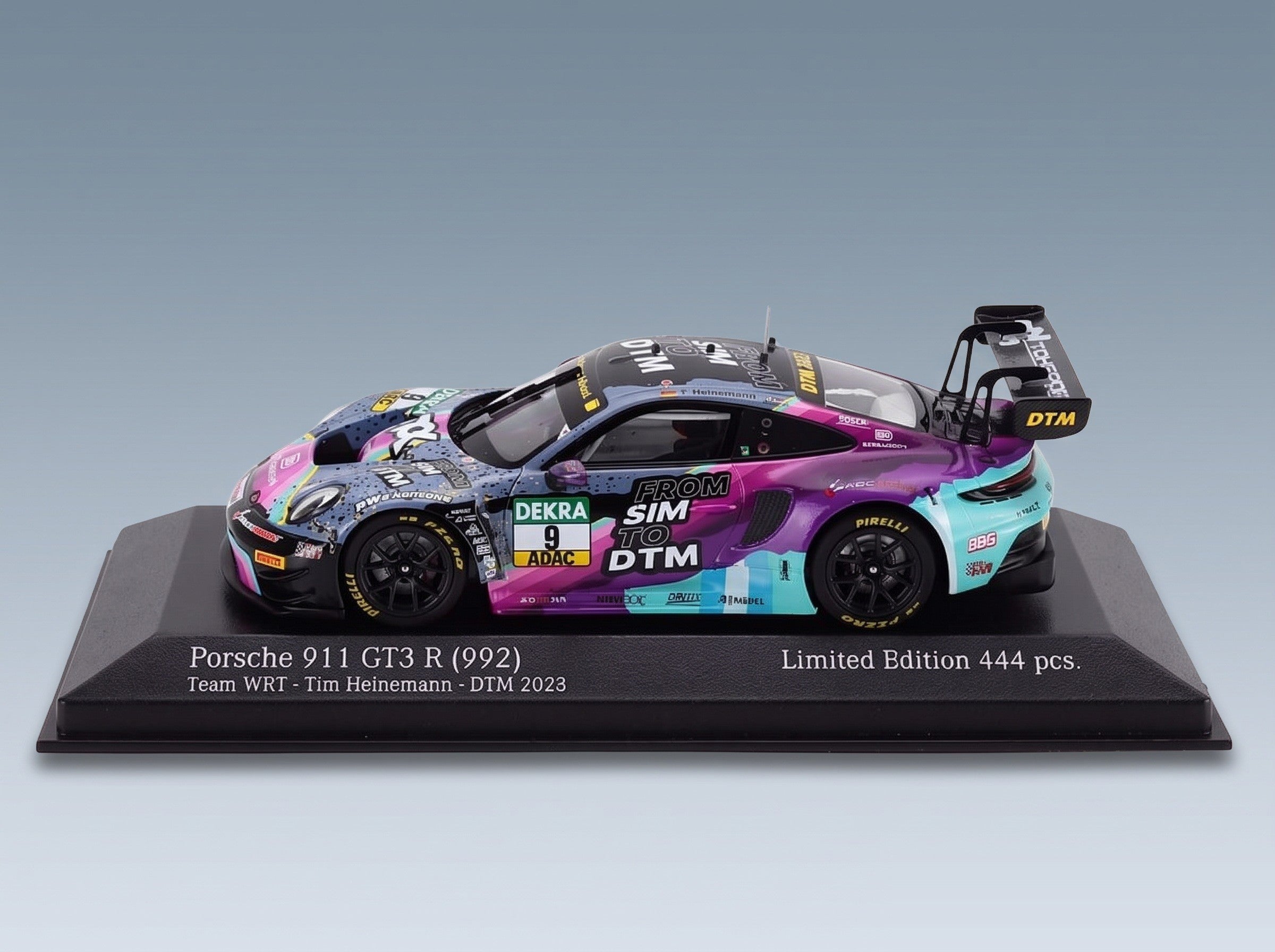 Porsche 911 992 GT3 R Toksport WRT No. 9 Tim Heinemann DTM Season 2023 Minichamps 1:43 scale model - front three-quarter view on display base